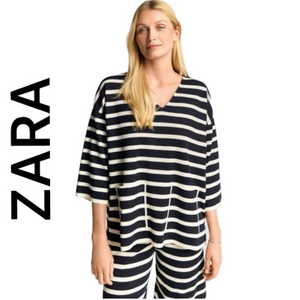 Zara Women Navy Blue Ivory Striped 3/4 Sleeves Shirt Small